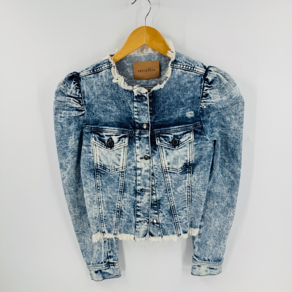 Retrofête Acid Wash Denim Jacket Puff Sleeve‎ Frayed Collar Cuff Cropped Size S